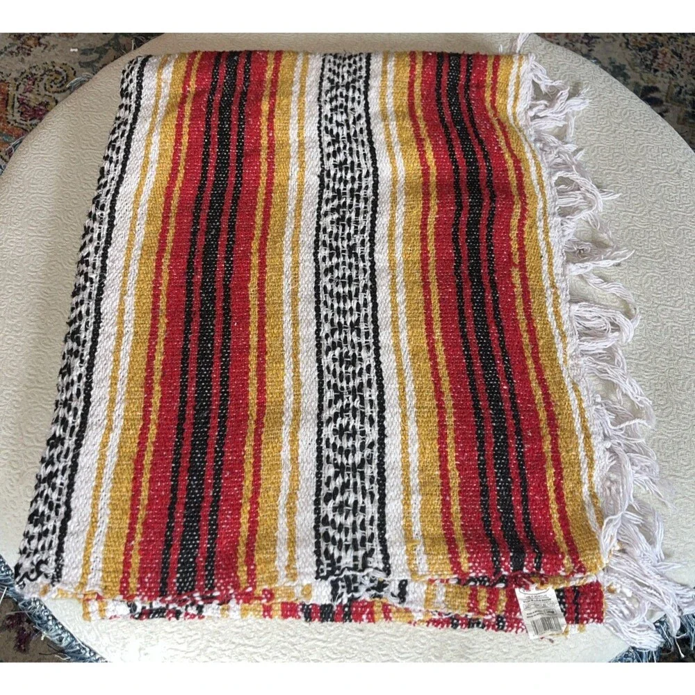 Red Yellow Black Stripe Rug Throw Blanket With Fringe Mexico 48 X 70
